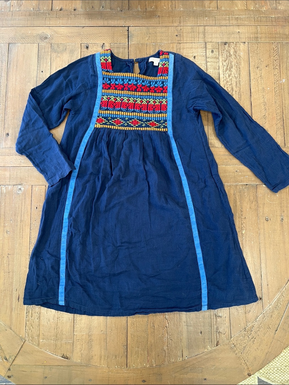 Pink chicken embroidered long sleeve a-line dress 10 years red blue gauzy